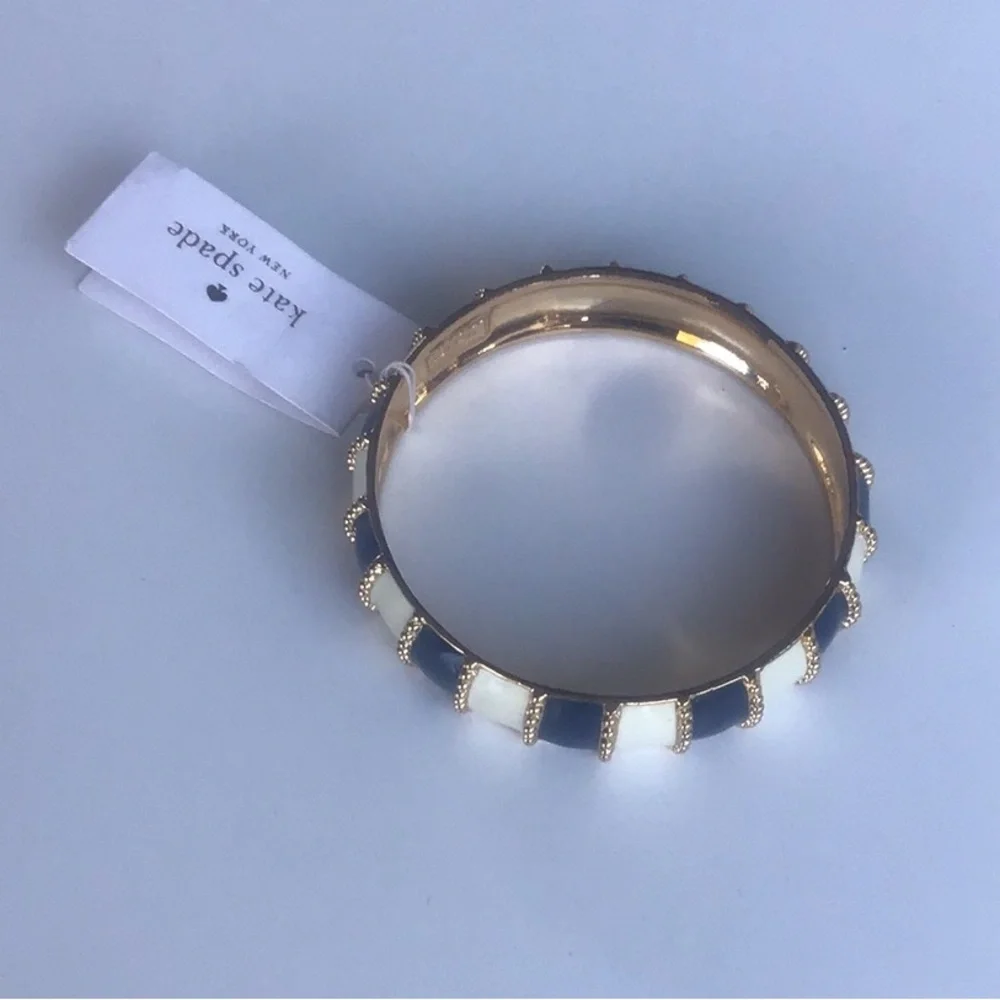 Kate Spade Gold, white ivory and Navy Striped beaded Bracelet chunky bangle - Picture 16 of 16